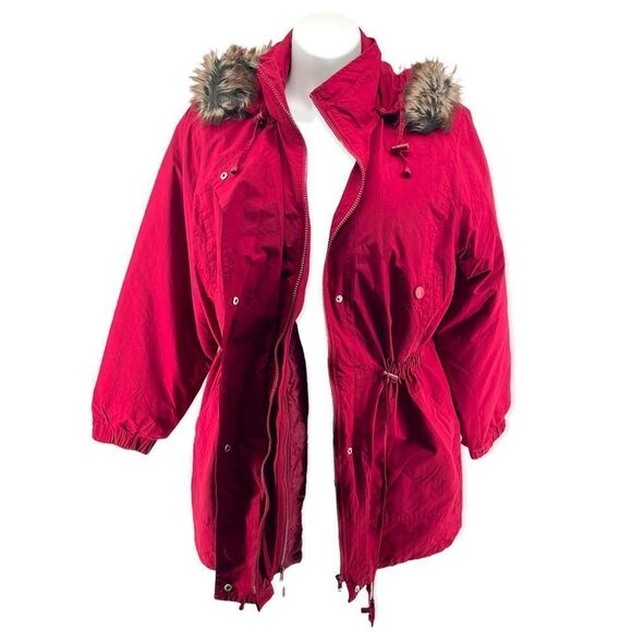 Women’s Red Removable Faux Fur Hooded Full Zip Convertible Anorak Parka Coat 1X - Picture 1 of 17